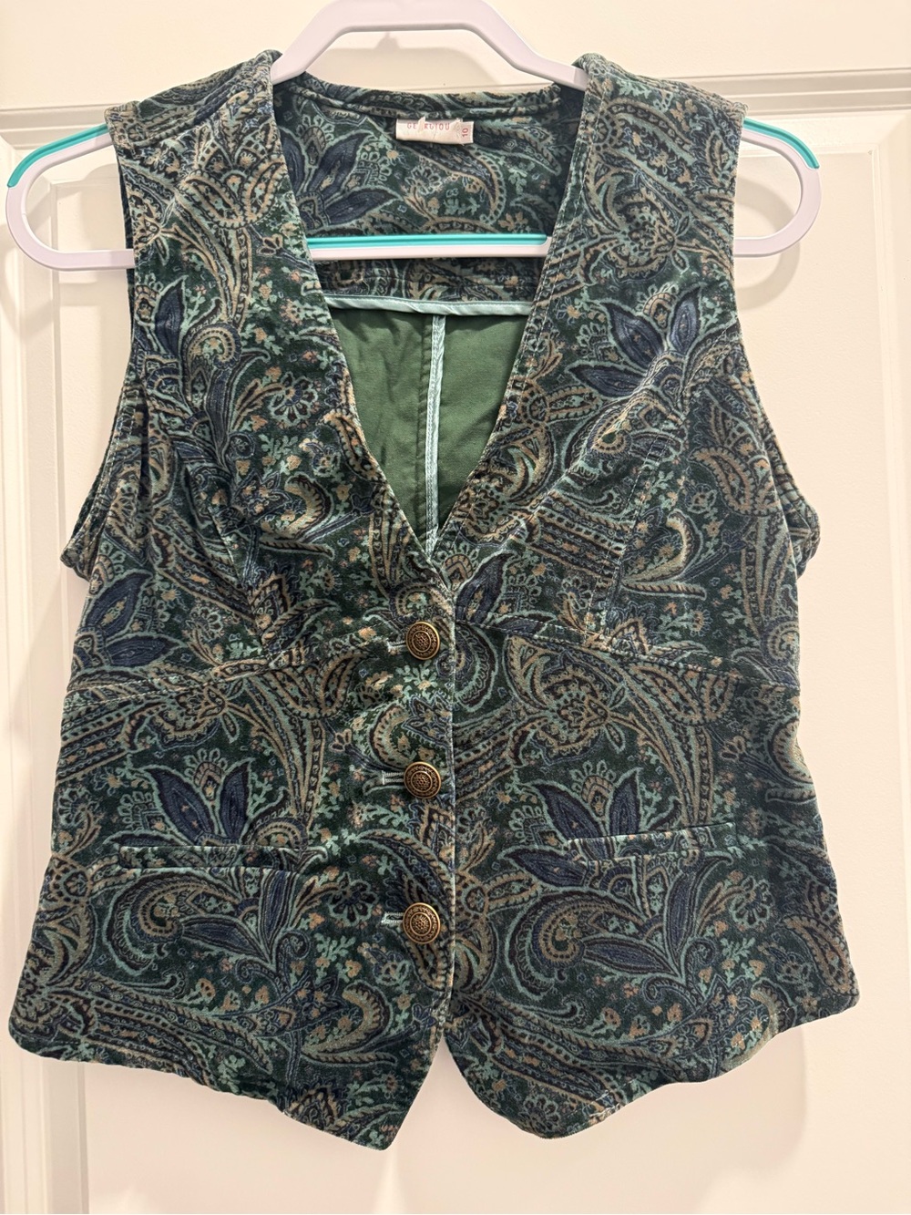 Vintage Paisley Velvet Button-Front Vest in Teal, Navy & Green